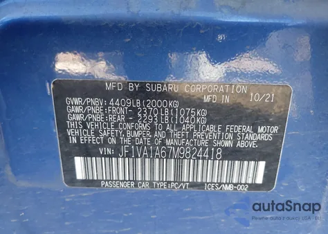 2021 Subaru Wrx from USA, damaged, VIN JF1VA1A67M9824418